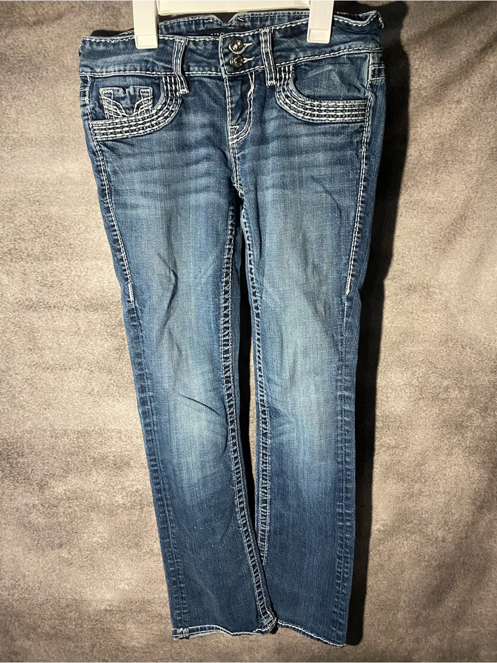 Vigoss Jeans Women Bootcut Medium Wash Thick Stitch Embellished Flap Pocket Y2K